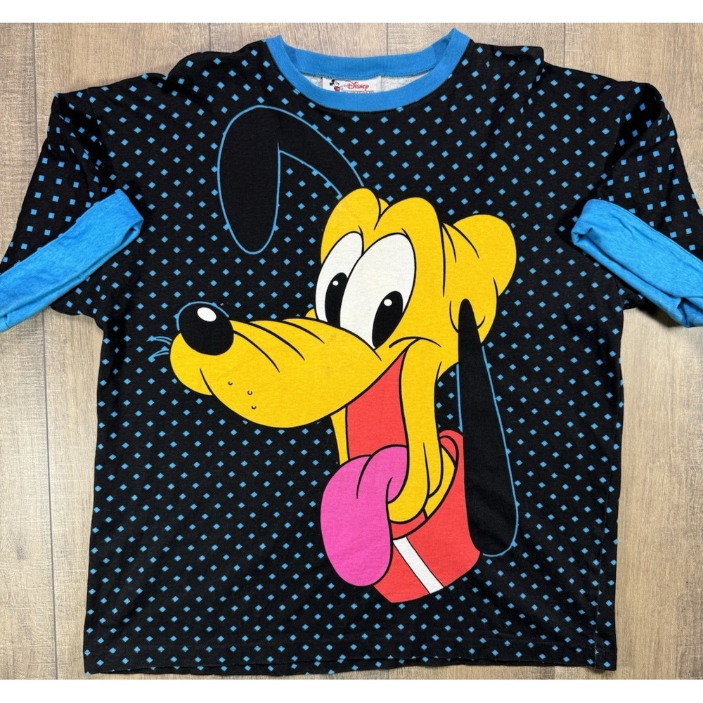 Vintage 1990s Disney Fashions Pluto Spell Out Blue Polka Dot T Shirt Fits Large